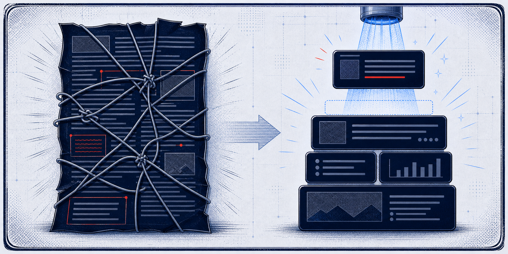 Comic-style panel comparing a tangled article page with clean modular answer-ready content blocks.