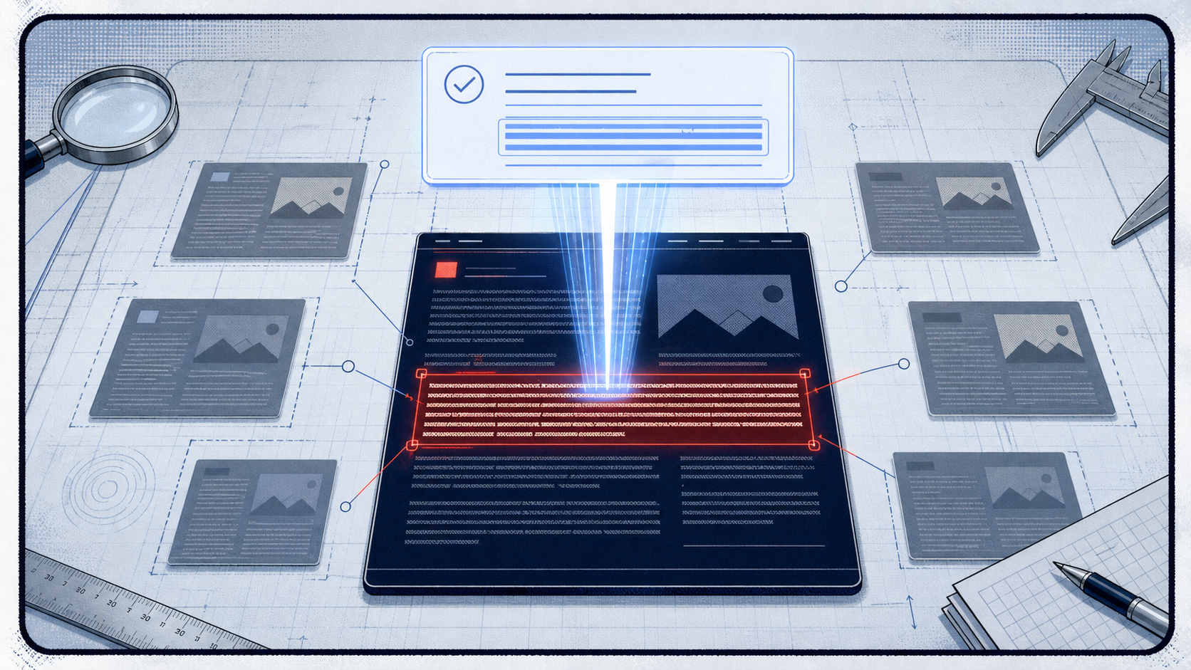 Light-field comic panel showing a highlighted passage on a webpage being lifted into an AI answer while nearby pages remain unselected.
