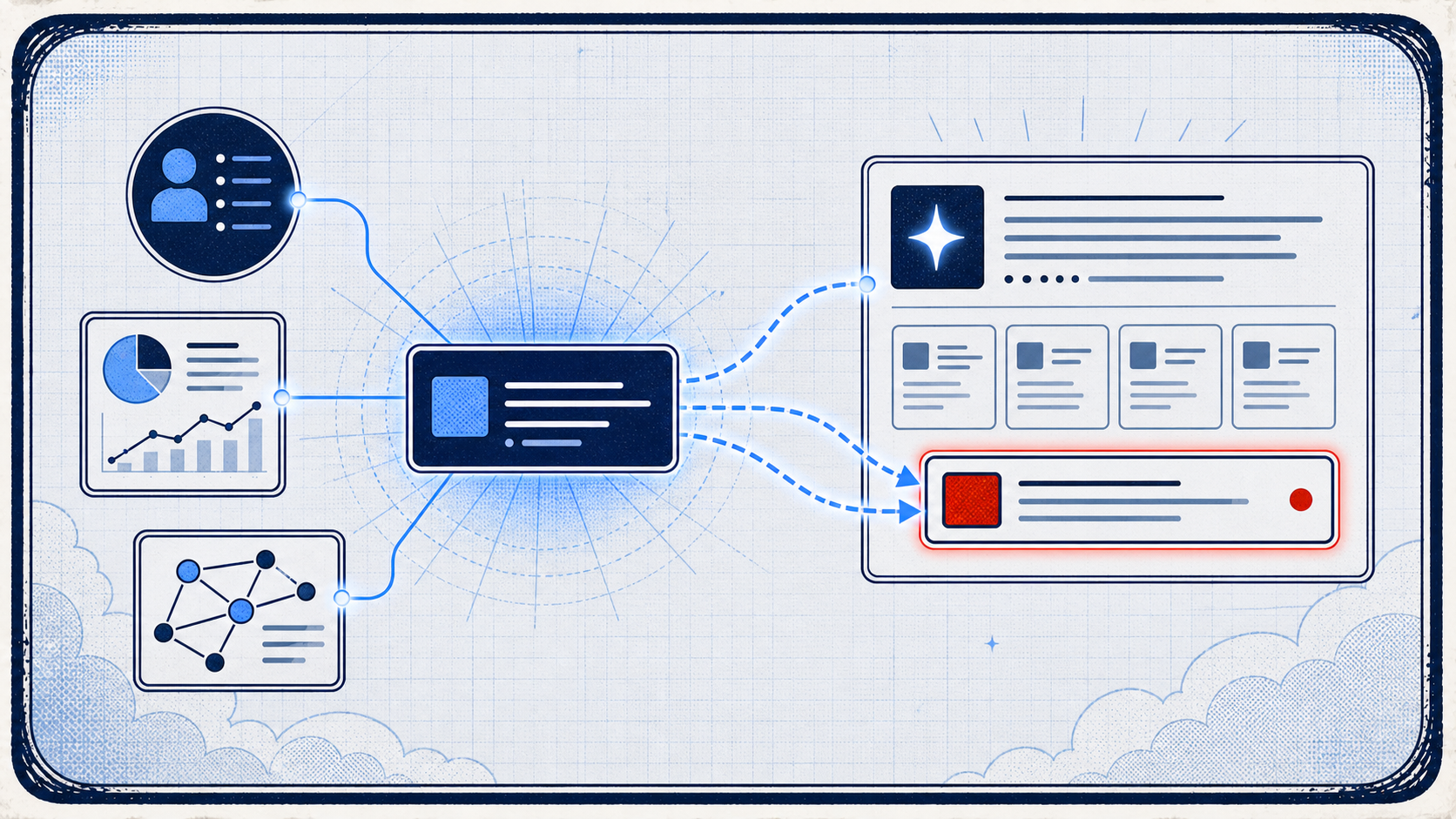Light-field comic panel showing a brand source card sending citation paths into an AI answer panel with entity, data, and authority signals nearby.
