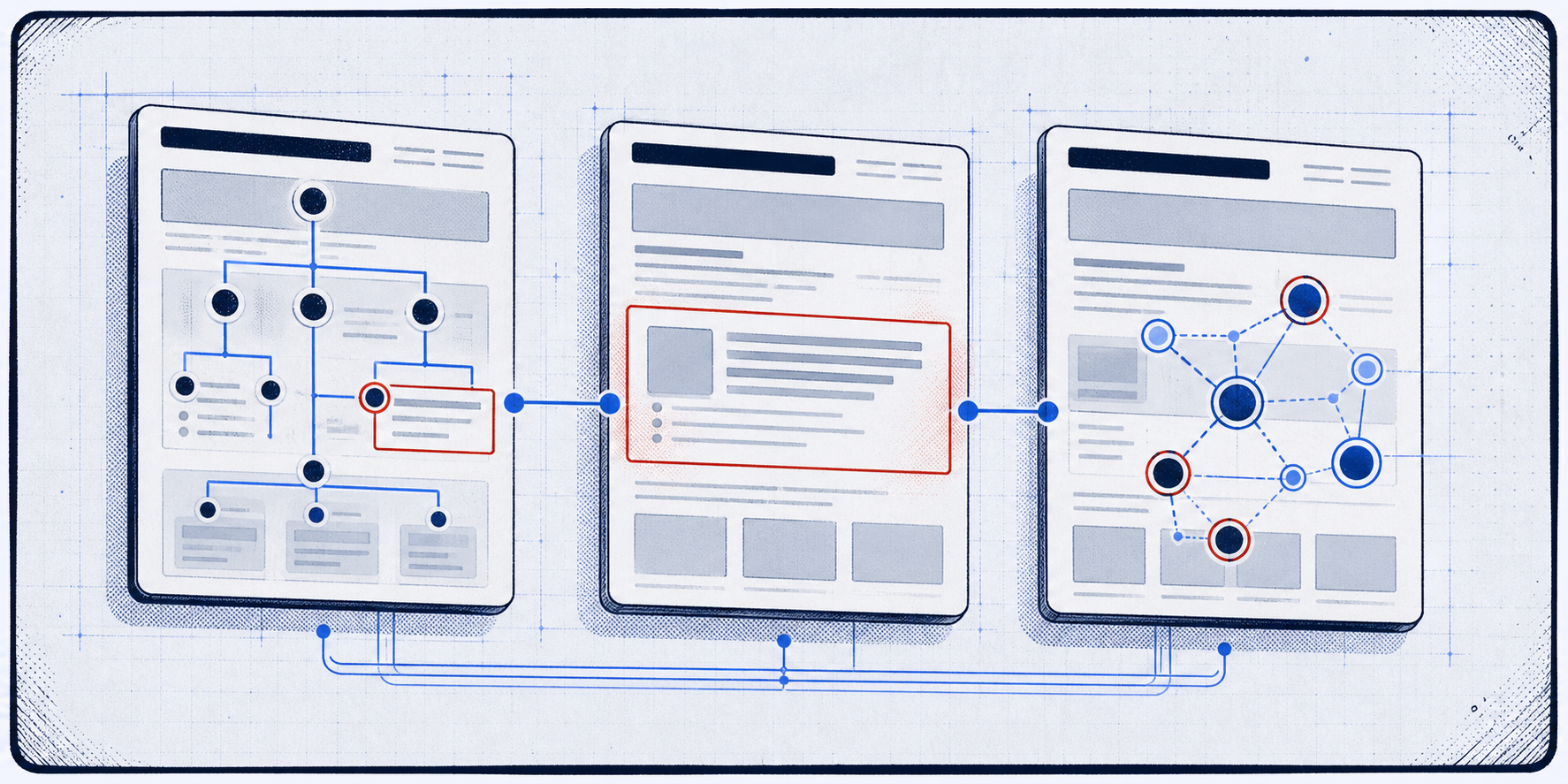 Comic-style panel showing the same web page three times with crawl structure, answer block, and citation signal layers highlighted.