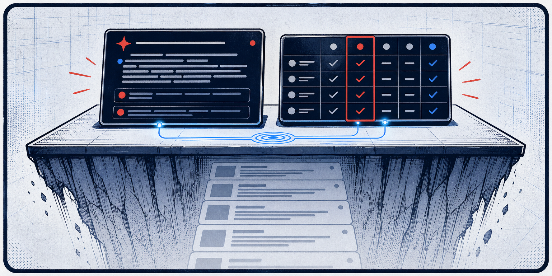 Comic-style panel showing an answer card and comparison table above a faded stack of search result links below.