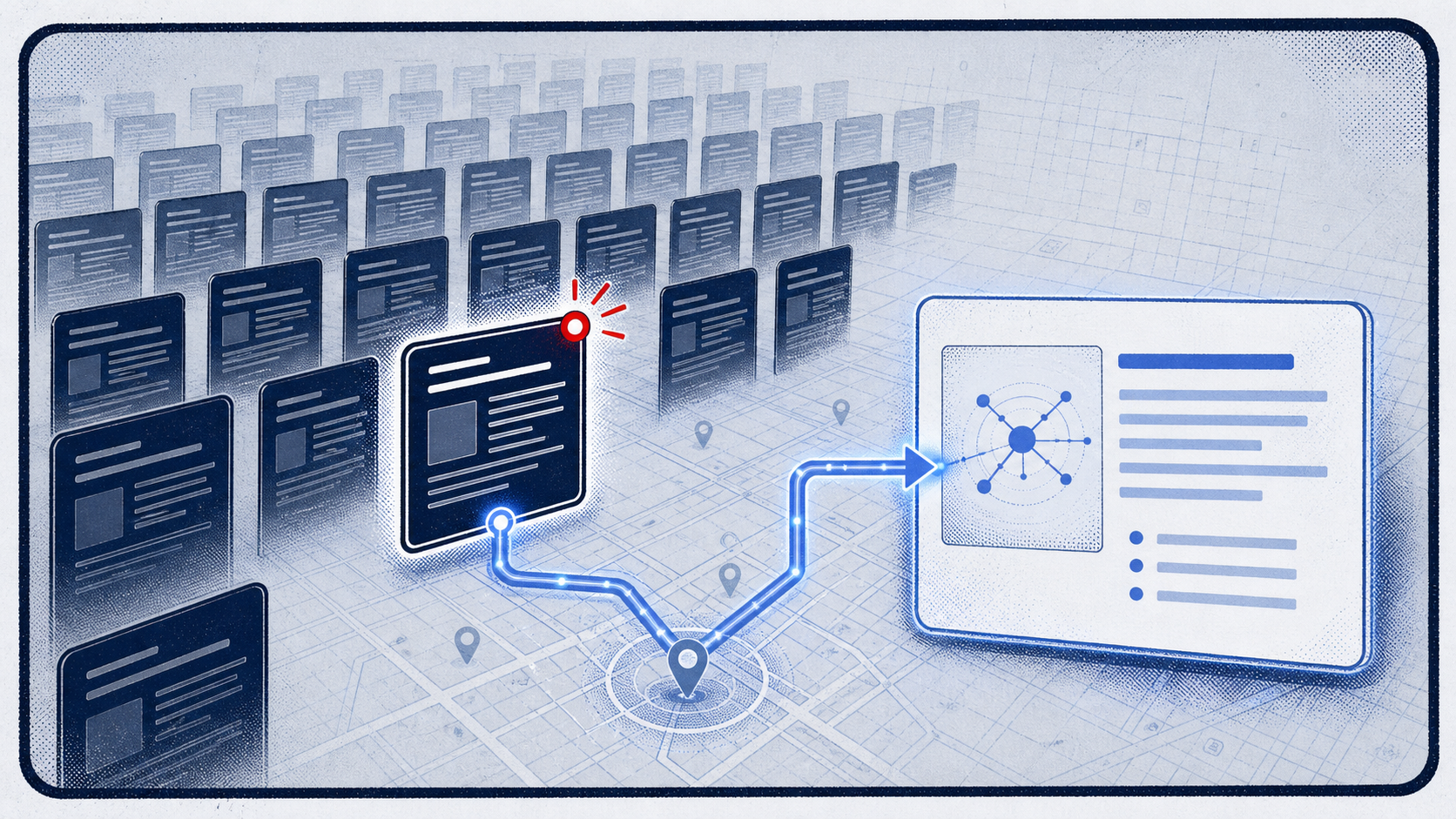 Light-field comic panel showing one distinctive legal source card selected from many generic cards and routed into an AI answer panel.