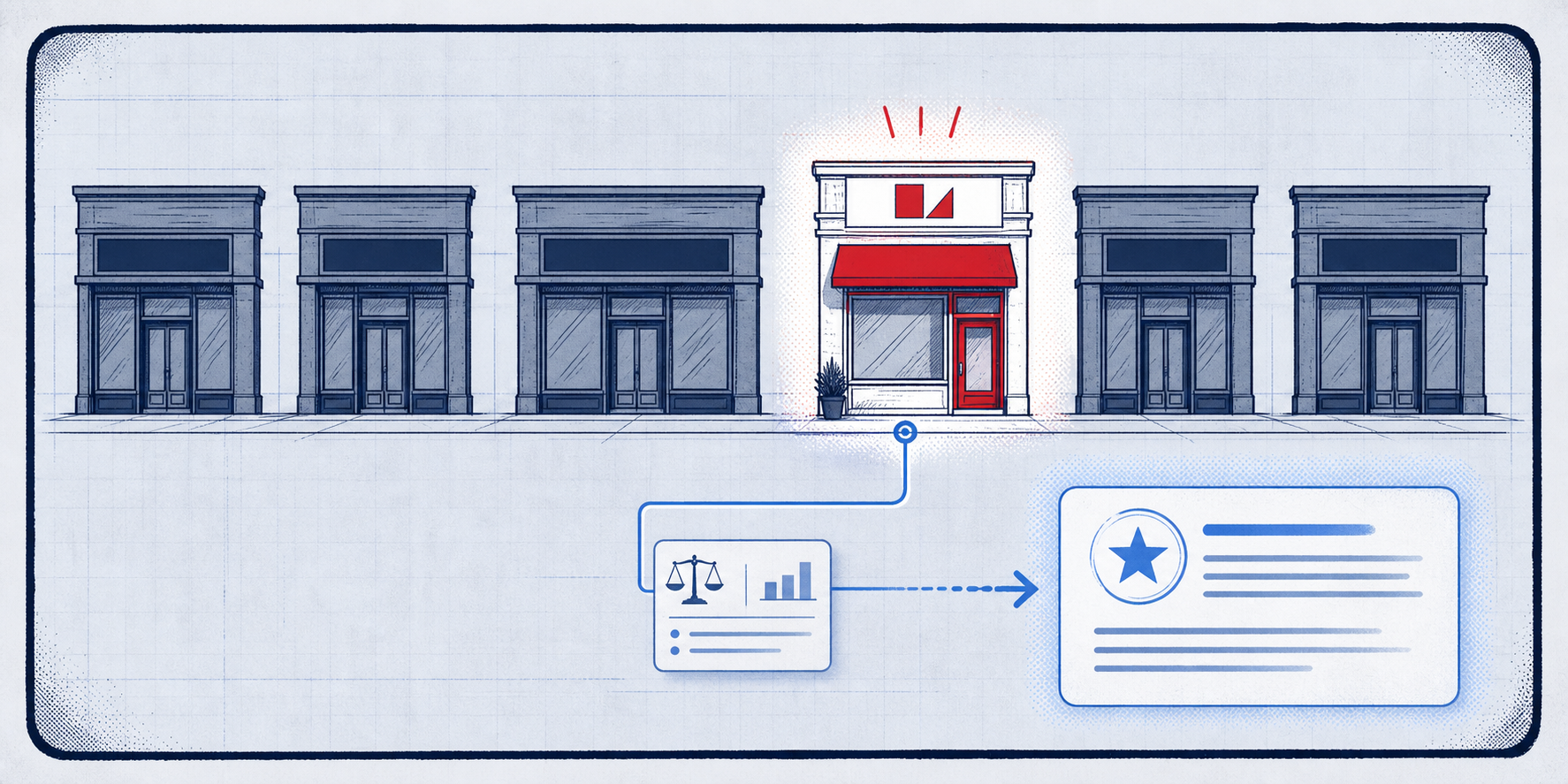 Light-field comic panel showing one distinct law firm storefront selected from a row of generic storefronts and connected to an AI answer panel.