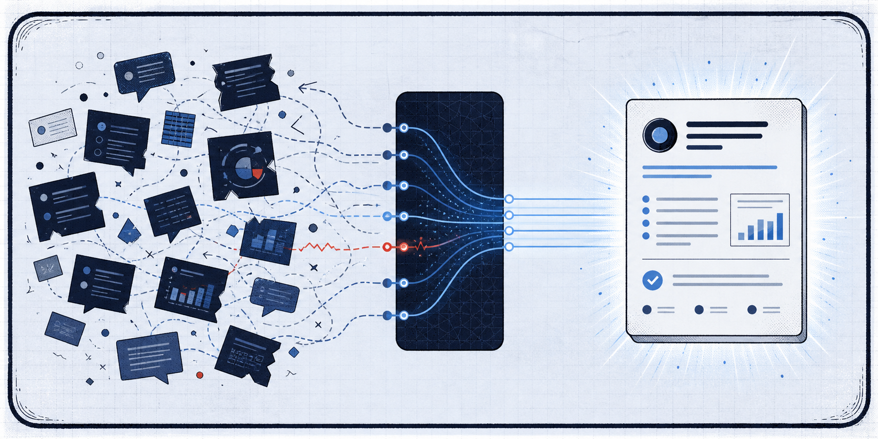 Light-field comic panel showing scattered dark source fragments passing through a filter layer into one clean authoritative profile card.