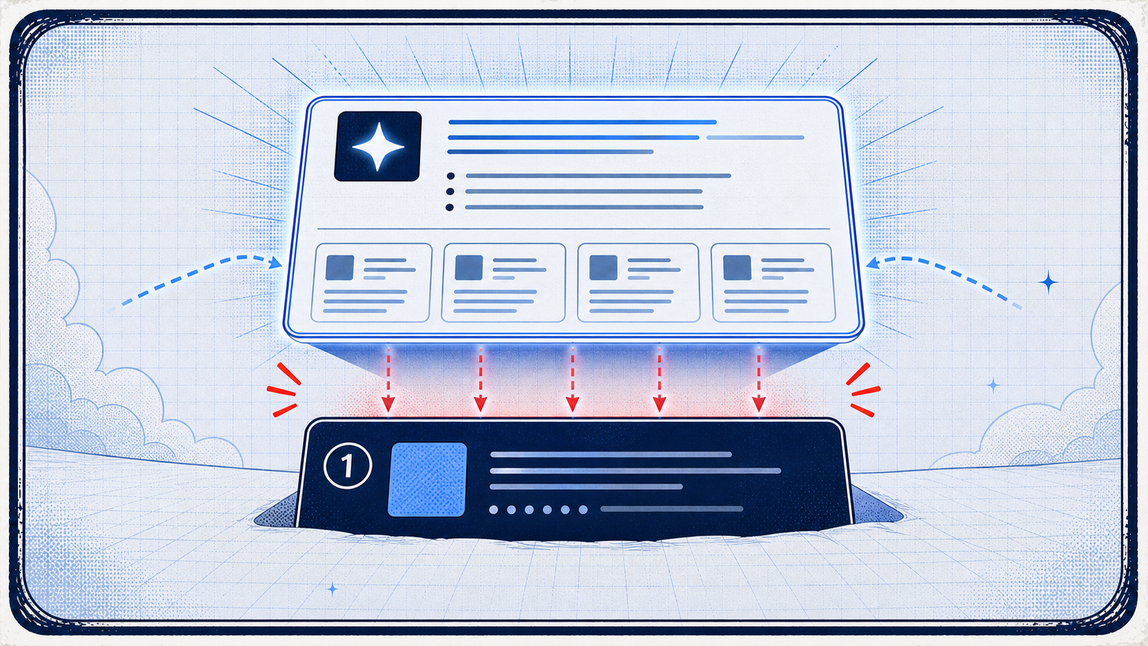 Light-field comic panel showing a number-one search result card partly buried beneath a large AI answer panel that captures attention above it.