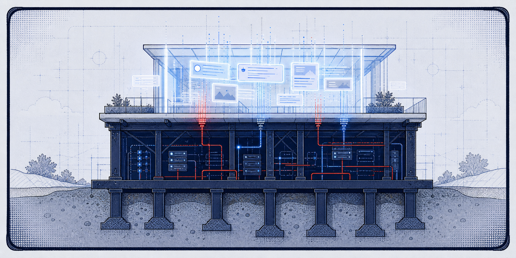 Light-field comic building cross-section showing a bright AI visibility top floor supported by a dark technical SEO foundation and red-blue signal paths.